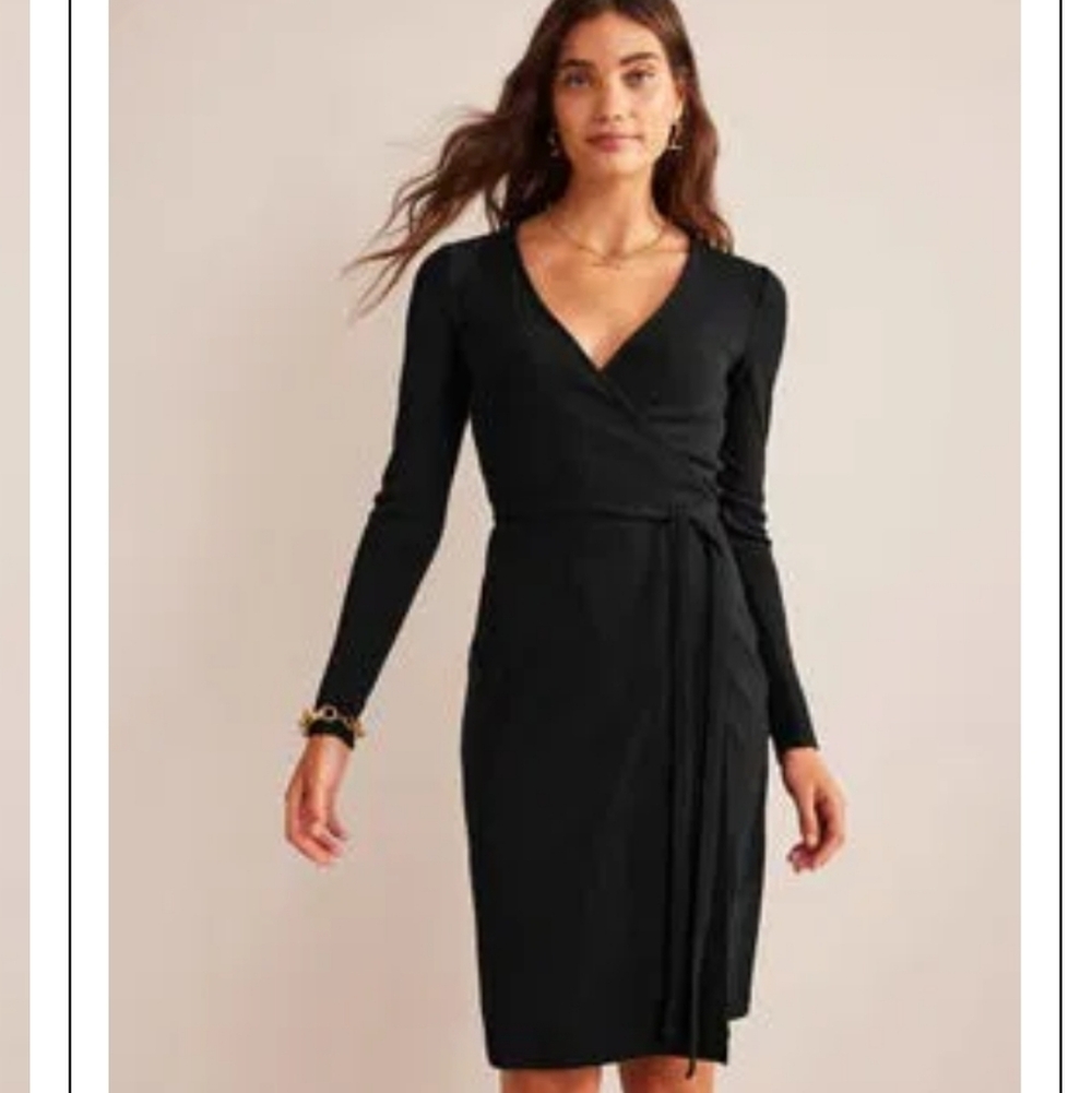 Boden Knit Long Sleeve Black Vneck Faux Wrap Midi Cocktail Dress Stretch Size 2